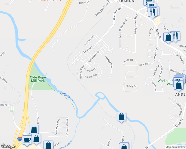 map of restaurants, bars, coffee shops, grocery stores, and more near 327 Alcovy Way in Woodstock