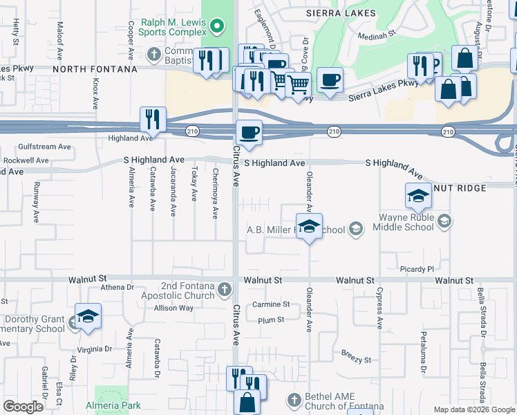 map of restaurants, bars, coffee shops, grocery stores, and more near 16197 Lumia Way in Fontana
