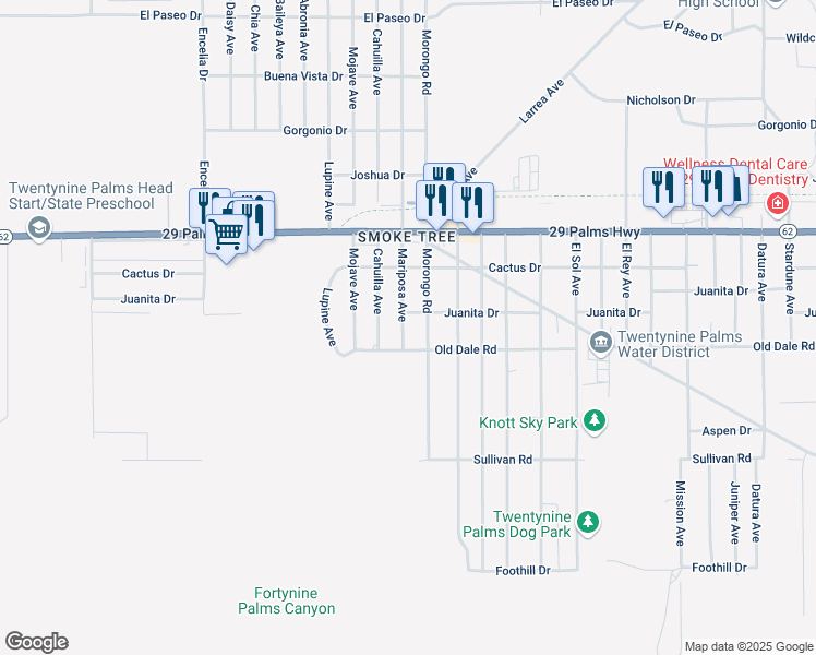 map of restaurants, bars, coffee shops, grocery stores, and more near 6665 Mariposa Avenue in Twentynine Palms