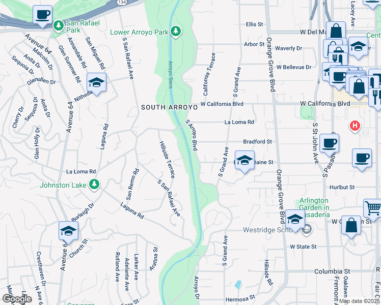 map of restaurants, bars, coffee shops, grocery stores, and more near 777 South Arroyo Boulevard in Pasadena