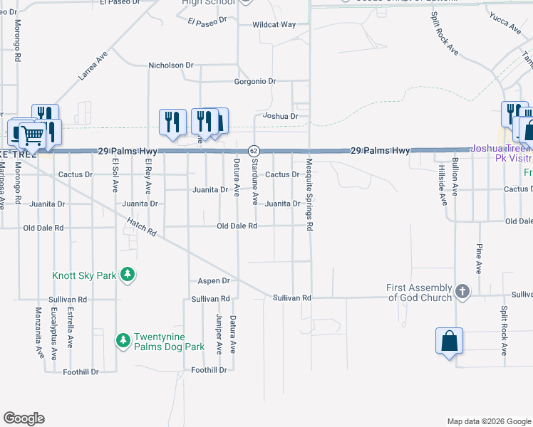 map of restaurants, bars, coffee shops, grocery stores, and more near 6668 Rose Ellen Avenue in Twentynine Palms
