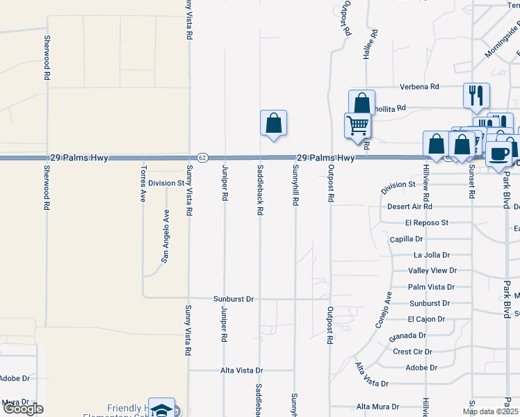 map of restaurants, bars, coffee shops, grocery stores, and more near Saddleback Road in Joshua Tree