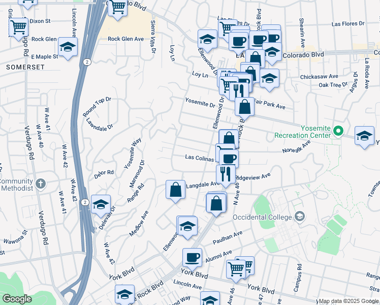 map of restaurants, bars, coffee shops, grocery stores, and more near 2335 Las Colinas Avenue in Los Angeles