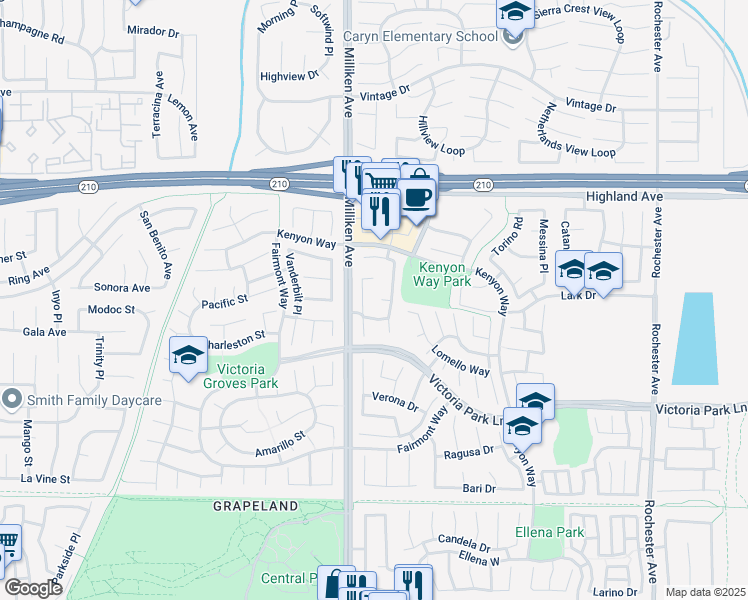 map of restaurants, bars, coffee shops, grocery stores, and more near 11362 Windhaven Court in Rancho Cucamonga