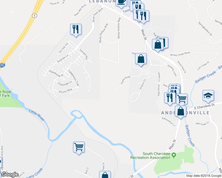 map of restaurants, bars, coffee shops, grocery stores, and more near 4580 Payne Road in Woodstock