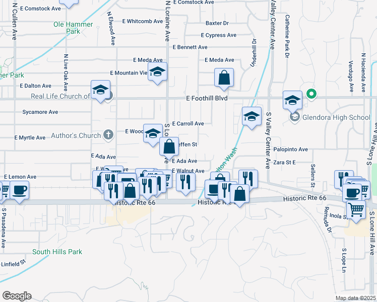 map of restaurants, bars, coffee shops, grocery stores, and more near 1148 Steffen Street in Glendora