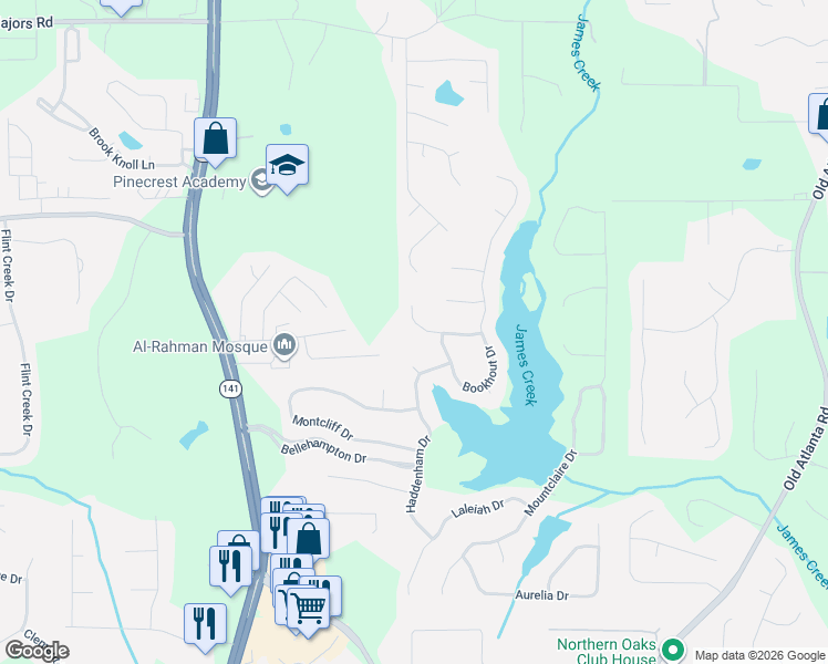 map of restaurants, bars, coffee shops, grocery stores, and more near 1455 Badingham Drive in Cumming