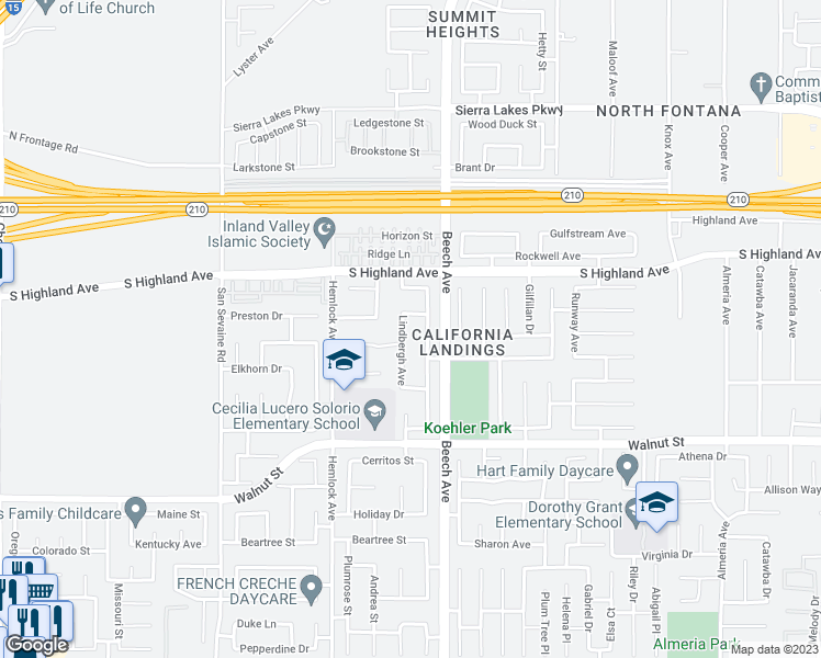 map of restaurants, bars, coffee shops, grocery stores, and more near 6691 Lindbergh Avenue in Fontana