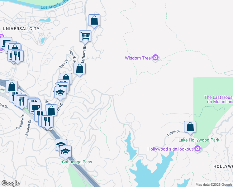 map of restaurants, bars, coffee shops, grocery stores, and more near 3527 Wonder View Drive in Los Angeles