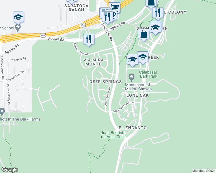 map of restaurants, bars, coffee shops, grocery stores, and more near 26802 Live Oak Court in Agoura Hills