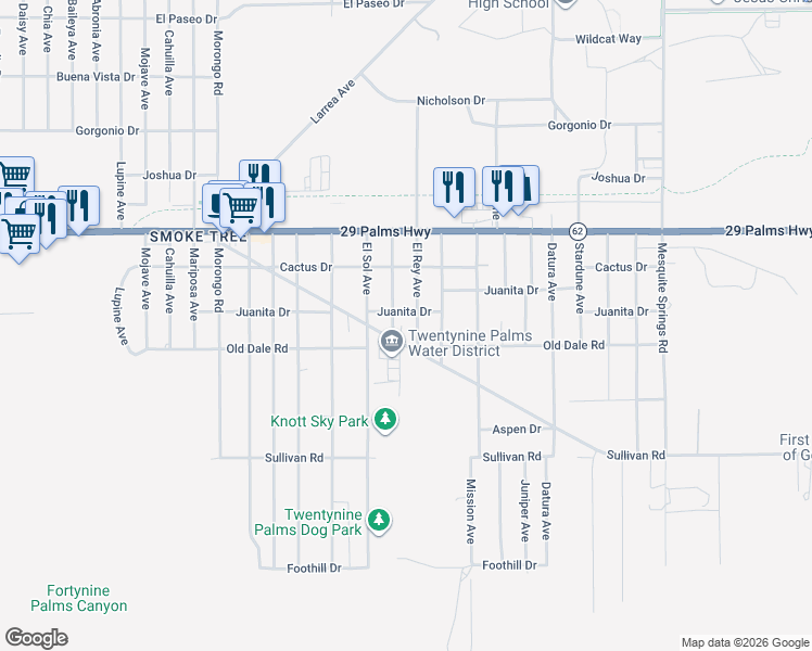 map of restaurants, bars, coffee shops, grocery stores, and more near 6664 El Rey Avenue in Twentynine Palms