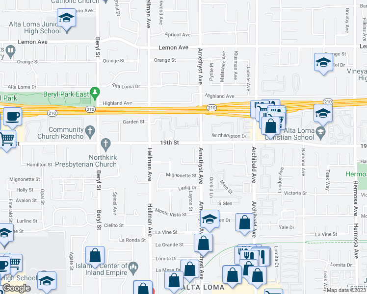 map of restaurants, bars, coffee shops, grocery stores, and more near 9425 19th Street in Rancho Cucamonga
