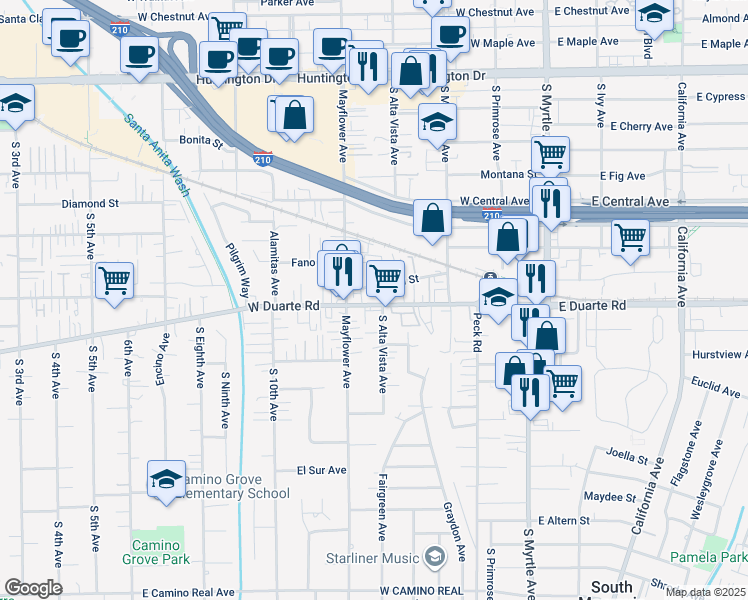 map of restaurants, bars, coffee shops, grocery stores, and more near 425 West Duarte Road in Monrovia