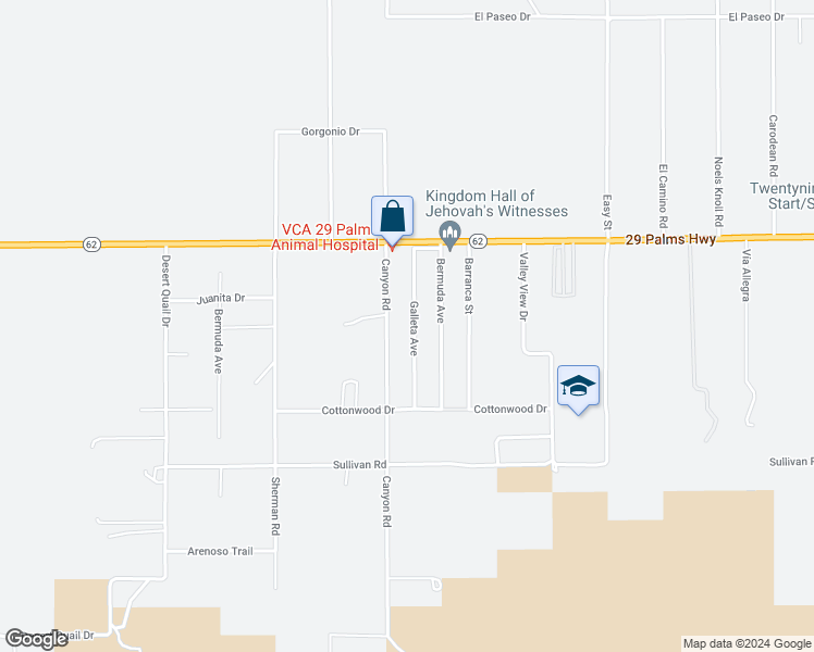 map of restaurants, bars, coffee shops, grocery stores, and more near 6654 Galleta Avenue in Twentynine Palms