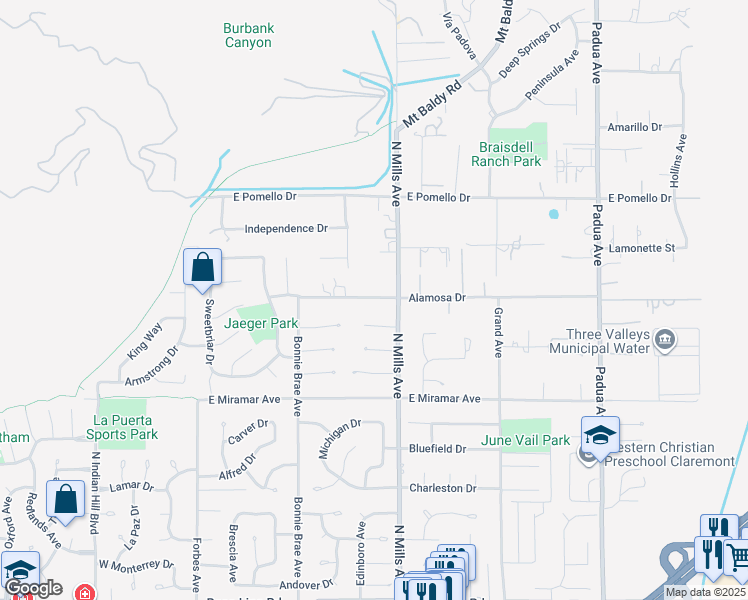 map of restaurants, bars, coffee shops, grocery stores, and more near 416 Alamosa Drive in Claremont