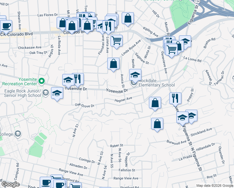 map of restaurants, bars, coffee shops, grocery stores, and more near 1426 Yosemite Drive in Los Angeles