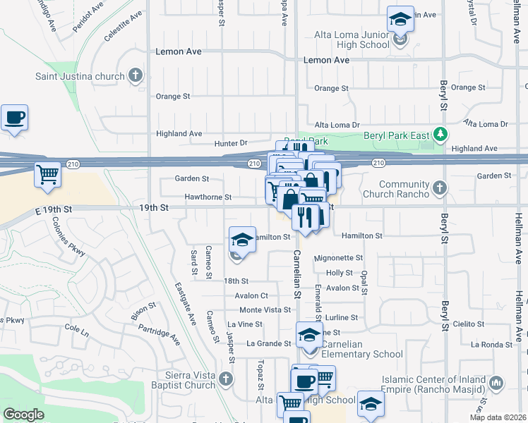 map of restaurants, bars, coffee shops, grocery stores, and more near 6710 Topaz Street in Rancho Cucamonga