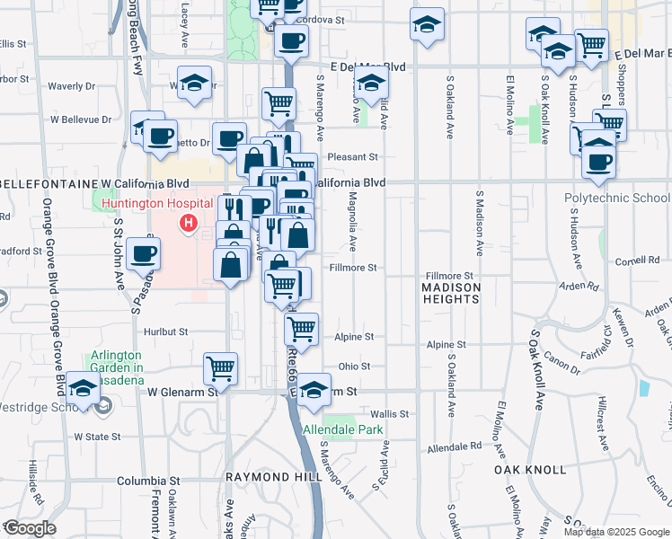 map of restaurants, bars, coffee shops, grocery stores, and more near 240 Fillmore Street in Pasadena