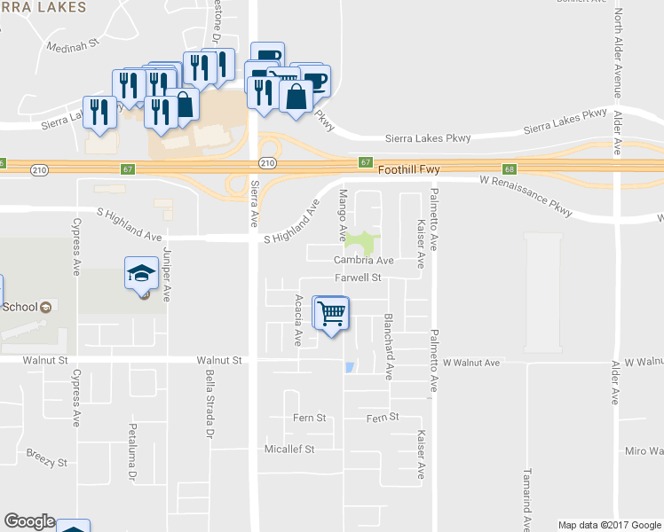map of restaurants, bars, coffee shops, grocery stores, and more near 17075 Cambria Avenue in Fontana
