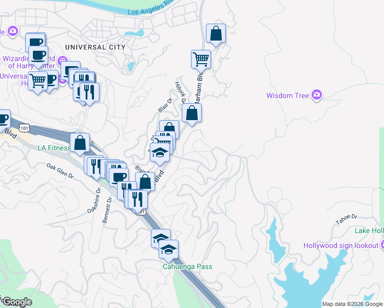 map of restaurants, bars, coffee shops, grocery stores, and more near 3149 La Suvida Drive in Los Angeles