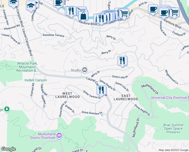 map of restaurants, bars, coffee shops, grocery stores, and more near 3222 Berry Drive in Los Angeles