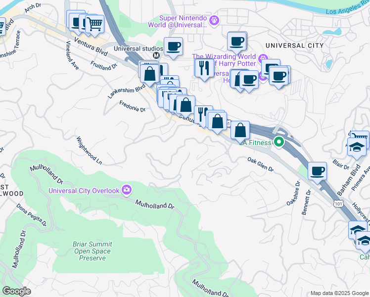 map of restaurants, bars, coffee shops, grocery stores, and more near 3716 Multiview Drive in Los Angeles