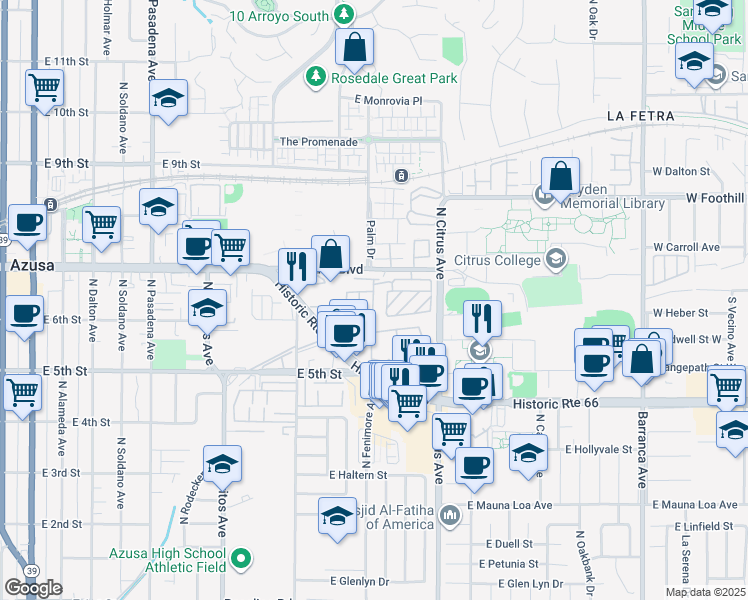 map of restaurants, bars, coffee shops, grocery stores, and more near 840 East Foothill Boulevard in Azusa