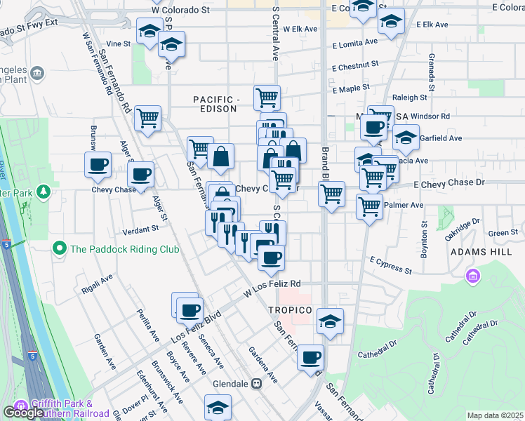 map of restaurants, bars, coffee shops, grocery stores, and more near 315 West Palmer Avenue in Glendale