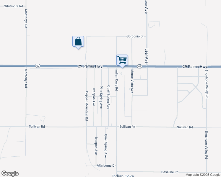 map of restaurants, bars, coffee shops, grocery stores, and more near 6659 Quail Spring Avenue in Twentynine Palms