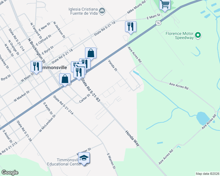 map of restaurants, bars, coffee shops, grocery stores, and more near 9 Center Road in Timmonsville