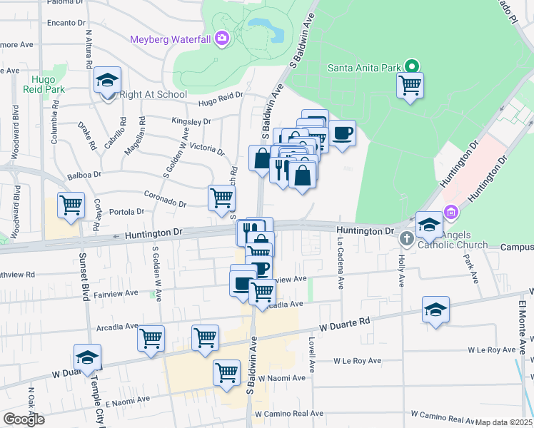map of restaurants, bars, coffee shops, grocery stores, and more near 630 South Baldwin Avenue in Arcadia