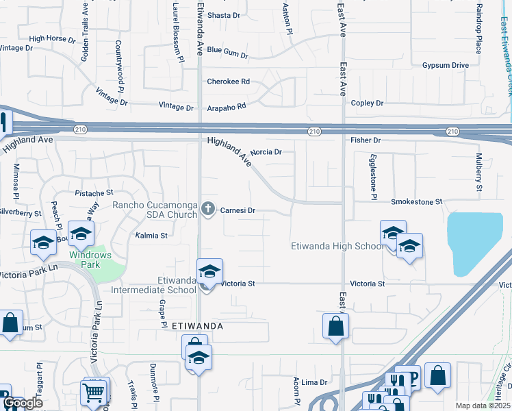 map of restaurants, bars, coffee shops, grocery stores, and more near 13060 Carnesi Drive in Rancho Cucamonga