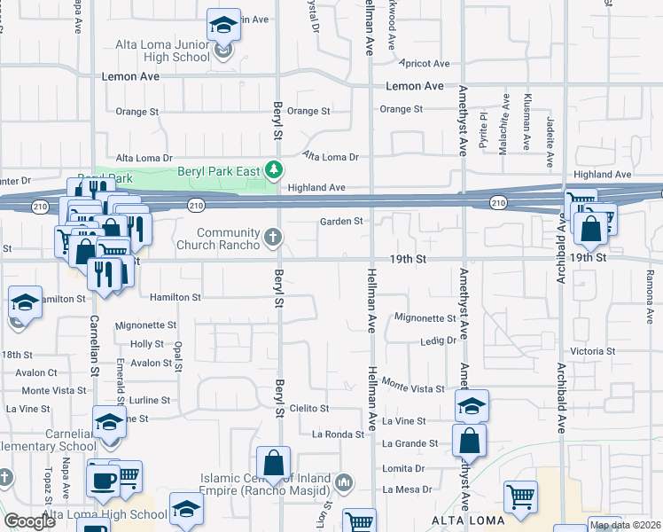 map of restaurants, bars, coffee shops, grocery stores, and more near 6710 Pilgrims Court in Rancho Cucamonga