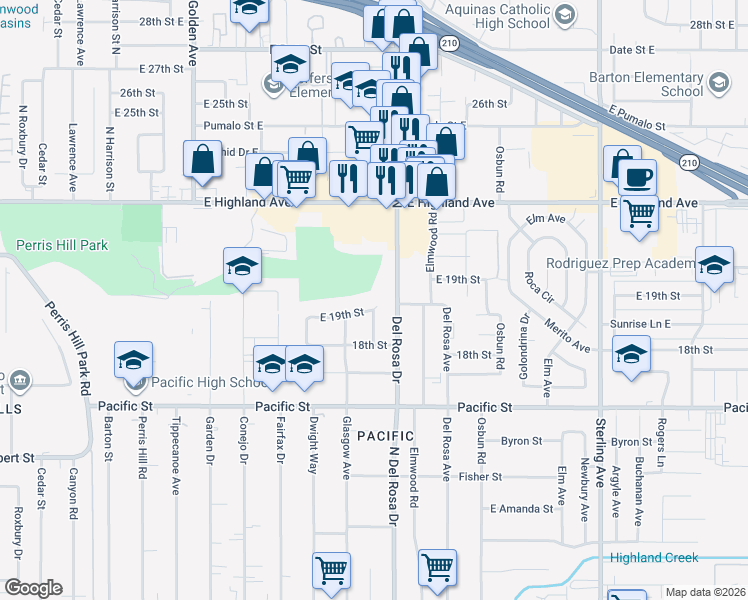 map of restaurants, bars, coffee shops, grocery stores, and more near 25258 East 19th Street in San Bernardino
