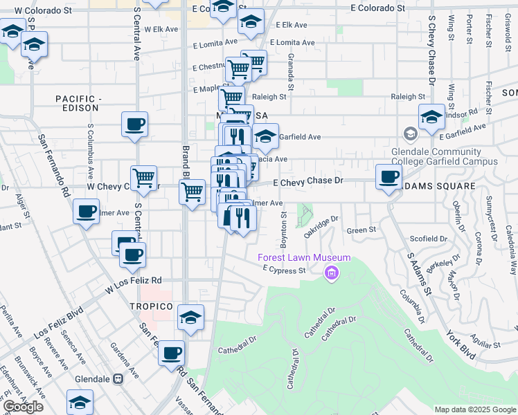 map of restaurants, bars, coffee shops, grocery stores, and more near 1203 Mariposa Street in Glendale