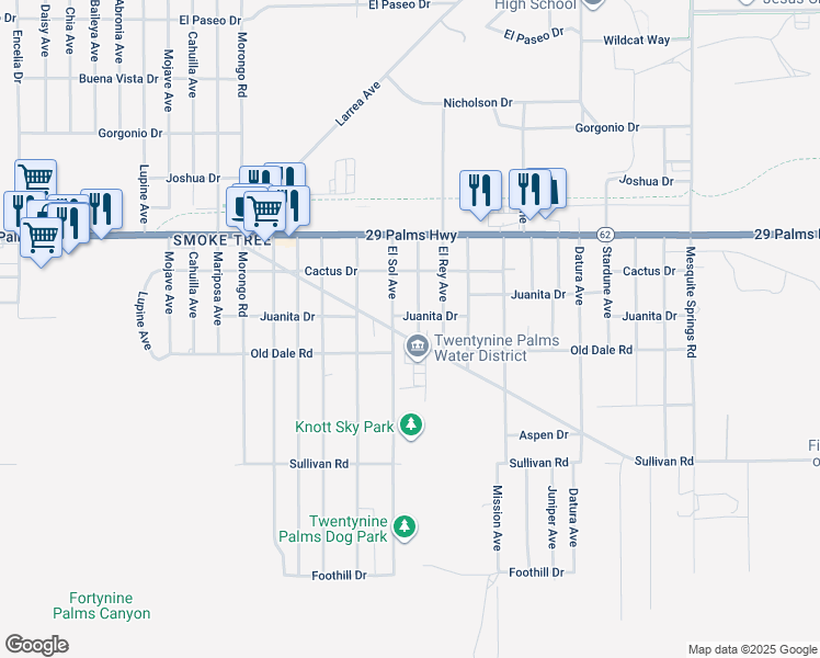 map of restaurants, bars, coffee shops, grocery stores, and more near 72355 Juanita Drive in Twentynine Palms