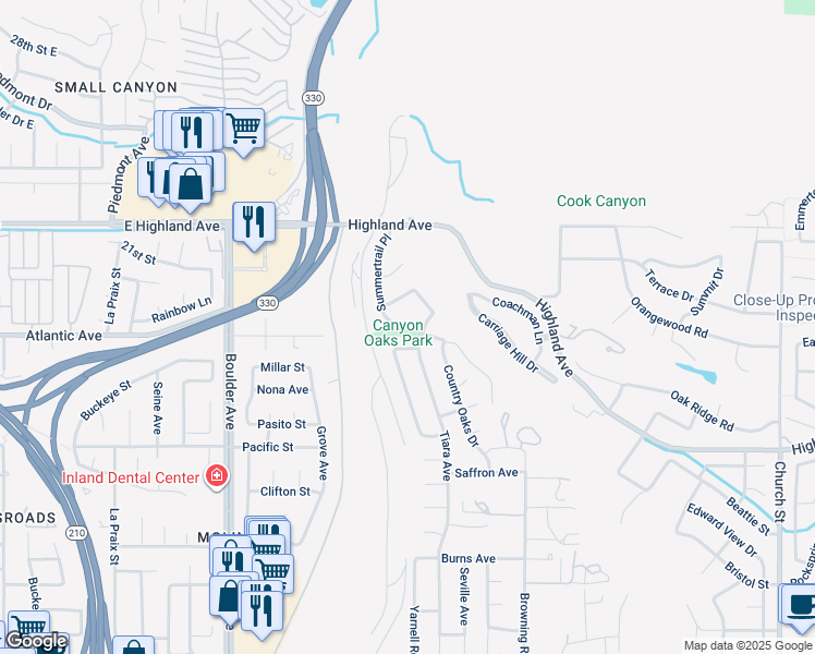 map of restaurants, bars, coffee shops, grocery stores, and more near 6680 Summertrail Place in Highland