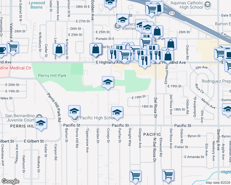 map of restaurants, bars, coffee shops, grocery stores, and more near 1369 Hillside Drive in San Bernardino