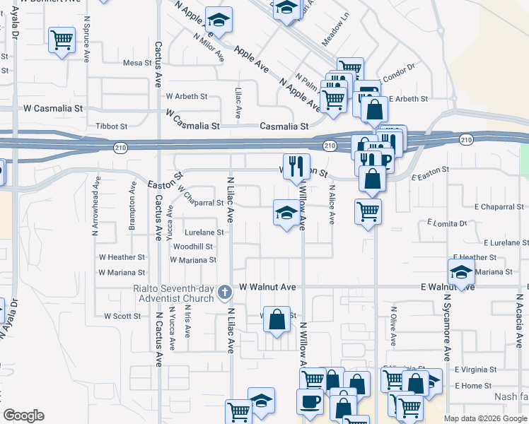 map of restaurants, bars, coffee shops, grocery stores, and more near 361 West Chaparral Street in Rialto