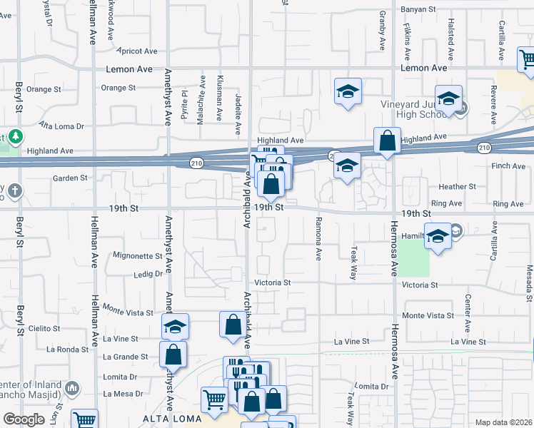 map of restaurants, bars, coffee shops, grocery stores, and more near 9742 Willow Wood Drive in Rancho Cucamonga
