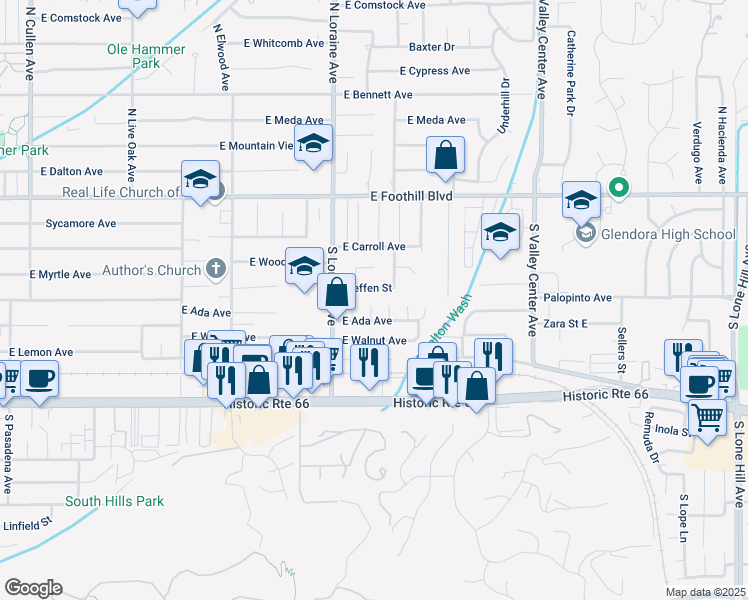 map of restaurants, bars, coffee shops, grocery stores, and more near 1148 Steffen Street in Glendora