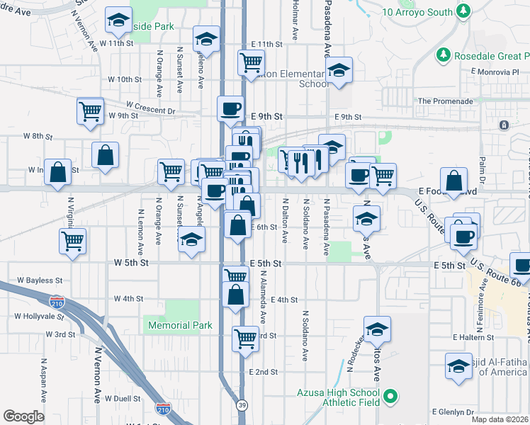 map of restaurants, bars, coffee shops, grocery stores, and more near 620 North Alameda Avenue in Azusa