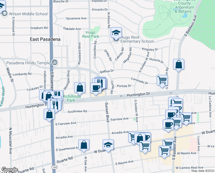 map of restaurants, bars, coffee shops, grocery stores, and more near 722 Sunset Boulevard in Arcadia