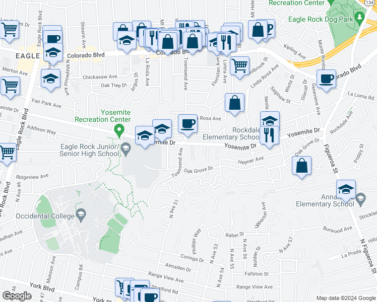 map of restaurants, bars, coffee shops, grocery stores, and more near 4742 Townsend Avenue in Los Angeles