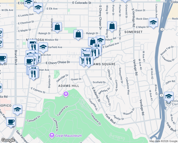 map of restaurants, bars, coffee shops, grocery stores, and more near 1022 East Palmer Avenue in Glendale