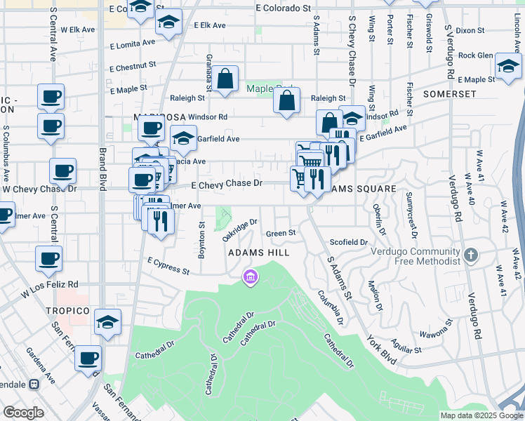 map of restaurants, bars, coffee shops, grocery stores, and more near 804 East Palmer Avenue in Glendale