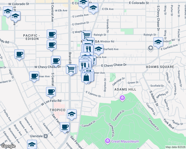 map of restaurants, bars, coffee shops, grocery stores, and more near 402 East Palmer Avenue in Glendale