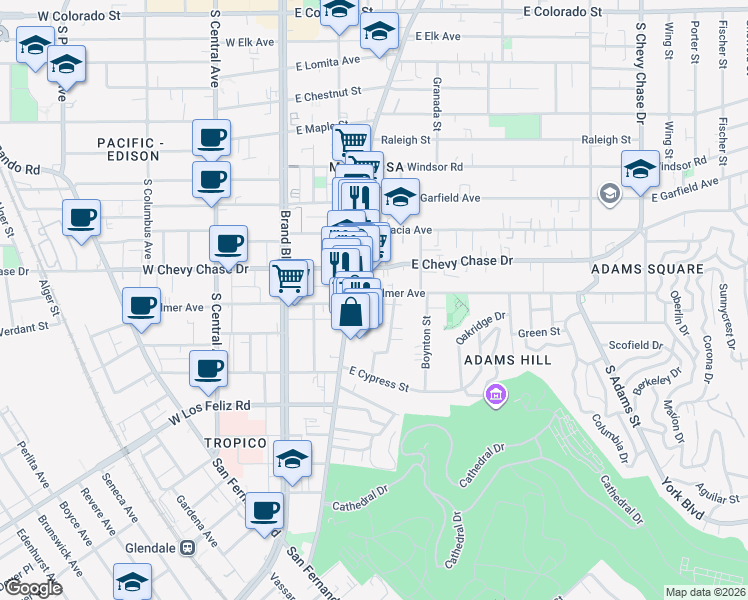 map of restaurants, bars, coffee shops, grocery stores, and more near 402 East Palmer Avenue in Glendale
