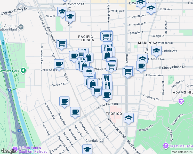 map of restaurants, bars, coffee shops, grocery stores, and more near 351 West Palmer Avenue in Glendale