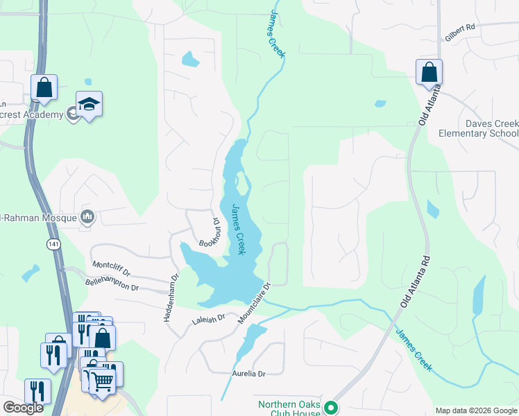 map of restaurants, bars, coffee shops, grocery stores, and more near 970 Hampreston Court in Cumming